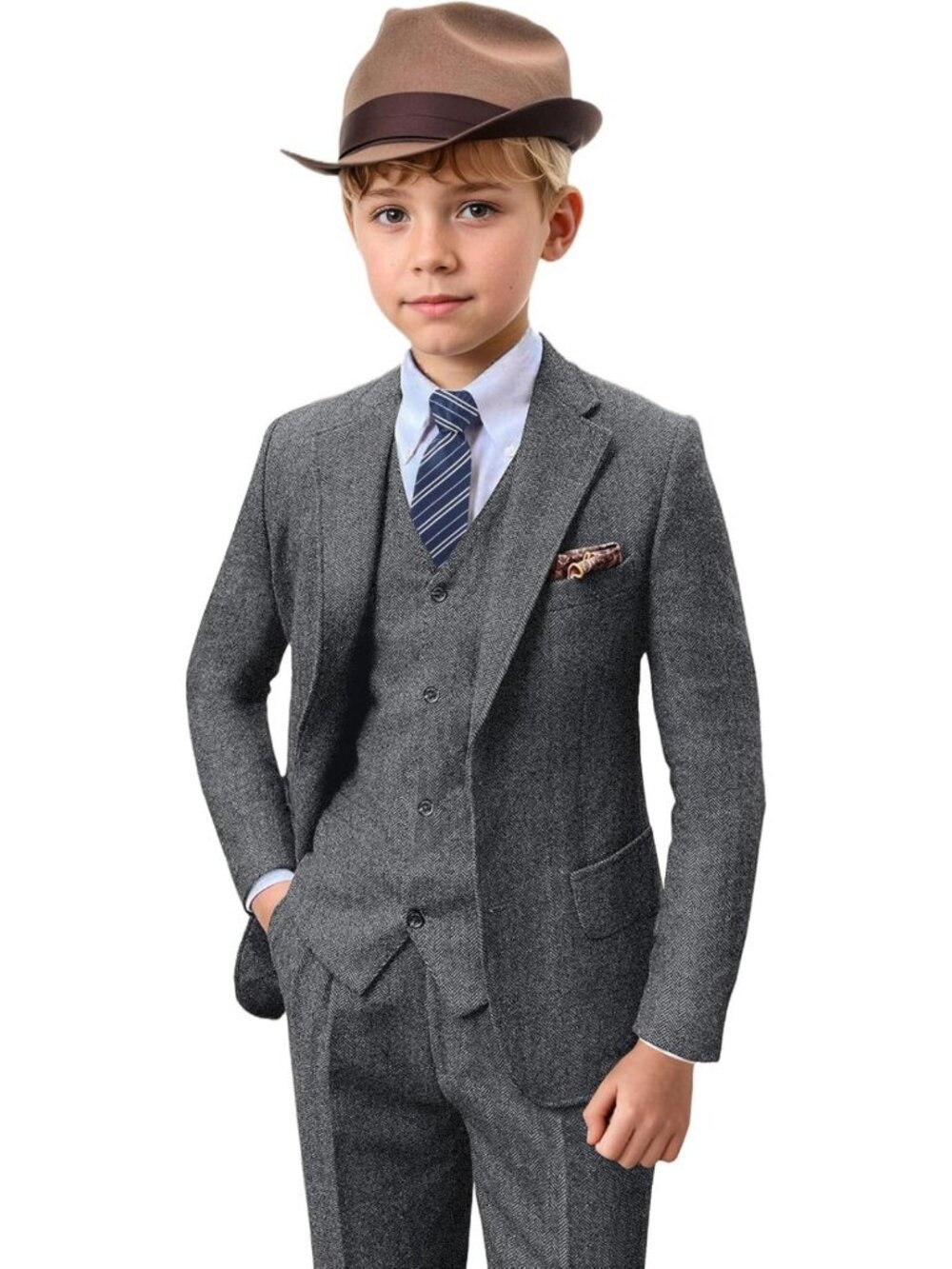 Stylish Boys 5-Piece Herringbone Tweed Suit Set for Weddings & Special Occasions